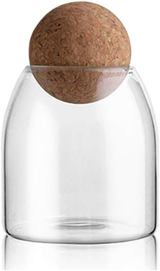 500ML/16Oz Clear Glass Storage Cute Canister Holder Ball Wood Cork Top, Modern Decorative Cylinder Container Jar with Round Lid for Coffee, Spice, Candy, Salt, Cookie Cool Terrarium Bottle