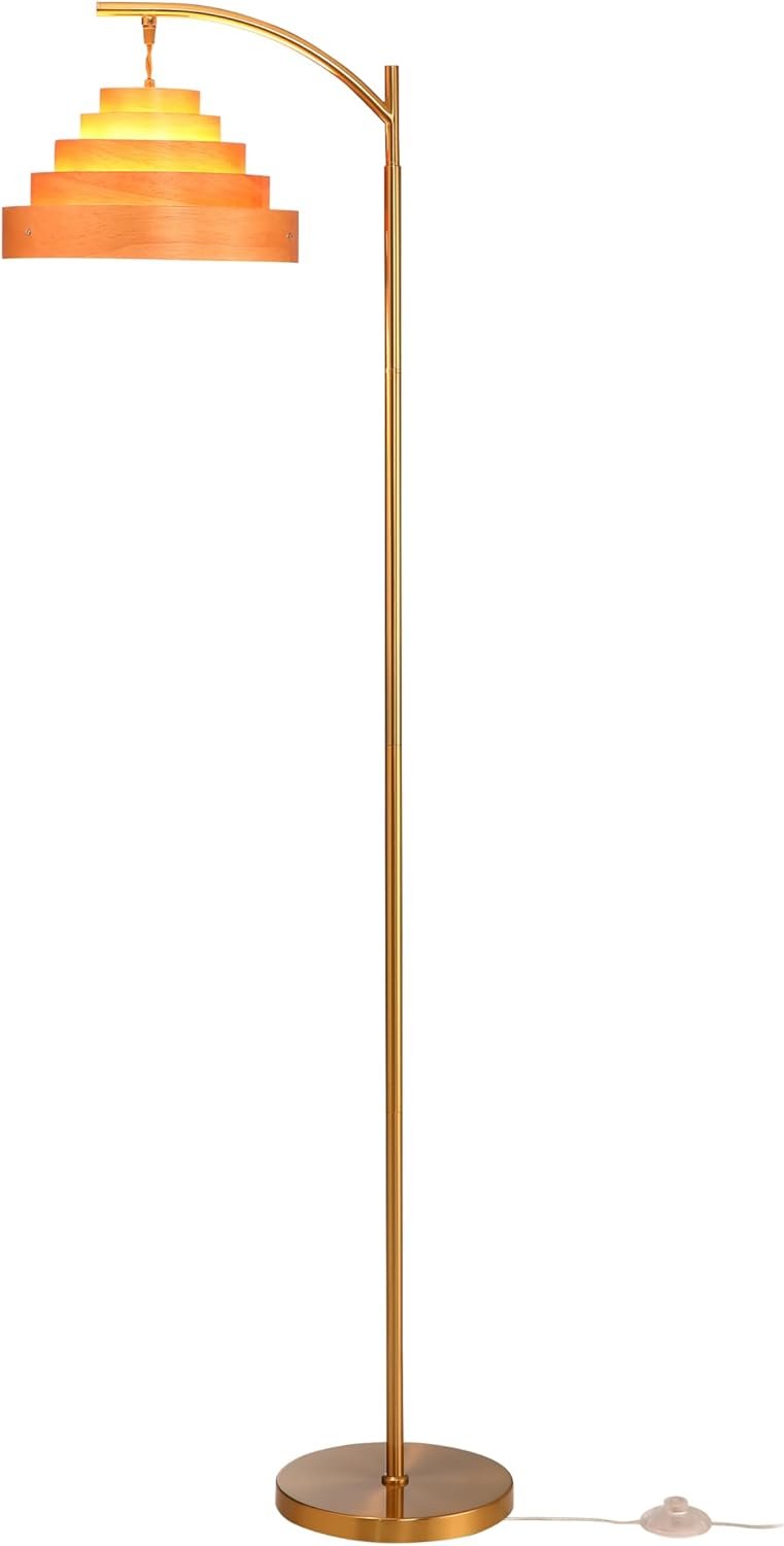 O’Bright Strata Wooden Floor Lamp – Mid Century Modern Standing Lamp with Layered Wood Shade, Tall Reading Lamp for Living Room, Bedroom, Office, Antique Brass, Light Oak, Cascade Shade
