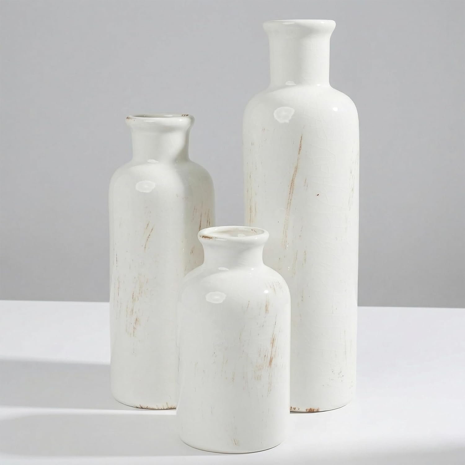 White Ceramic 3 Piece Vase Set, Vintage Farmhouse Decorative Home Decor Vases for Living Room & Kitchen, Distressed Crackle Glaze Flower Vases for Table Bookshelf Mantel & Office