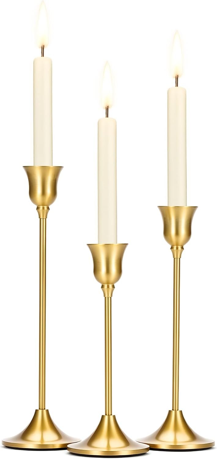 Tifanso Taper Candle Stick Holder – 3PCS Brass Gold Pillar Tall Candlestick Holders Metal Vintage Decor Dinner Table Dining Room Centerpieces Decorations for Wedding Fireplace Mantel Housewarming Gift