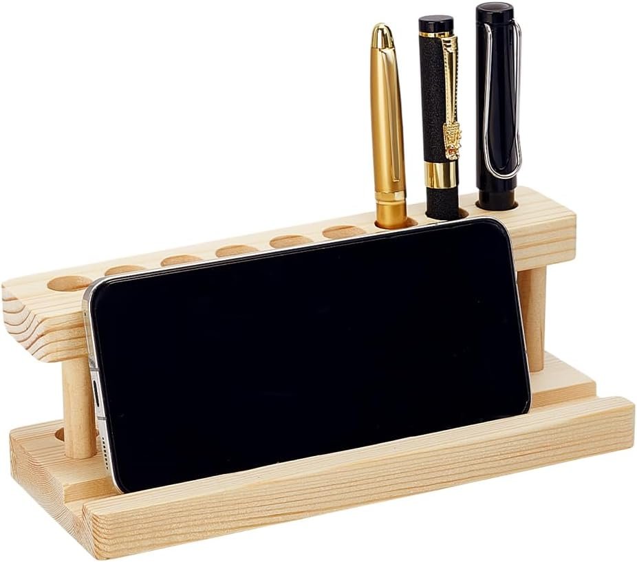 PH PandaHall Wooden Pen Display Stand Wood Pencil Holder for Desk, Solid Wood Pen Organizer with 9 Slots and Phone Holder for School Office Home Store, 7.87×3.15×2.68 inches