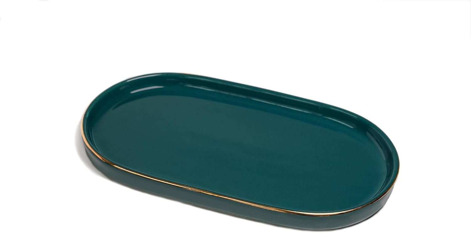 Ceramic Jewelry Dish, Perfume Vanity Tray, 7×4 Decorative Catch All Bowl for Trinket Key Ring, Small Bathroom Counter Tray, Soap Tray for Kitchen Sink (Green)