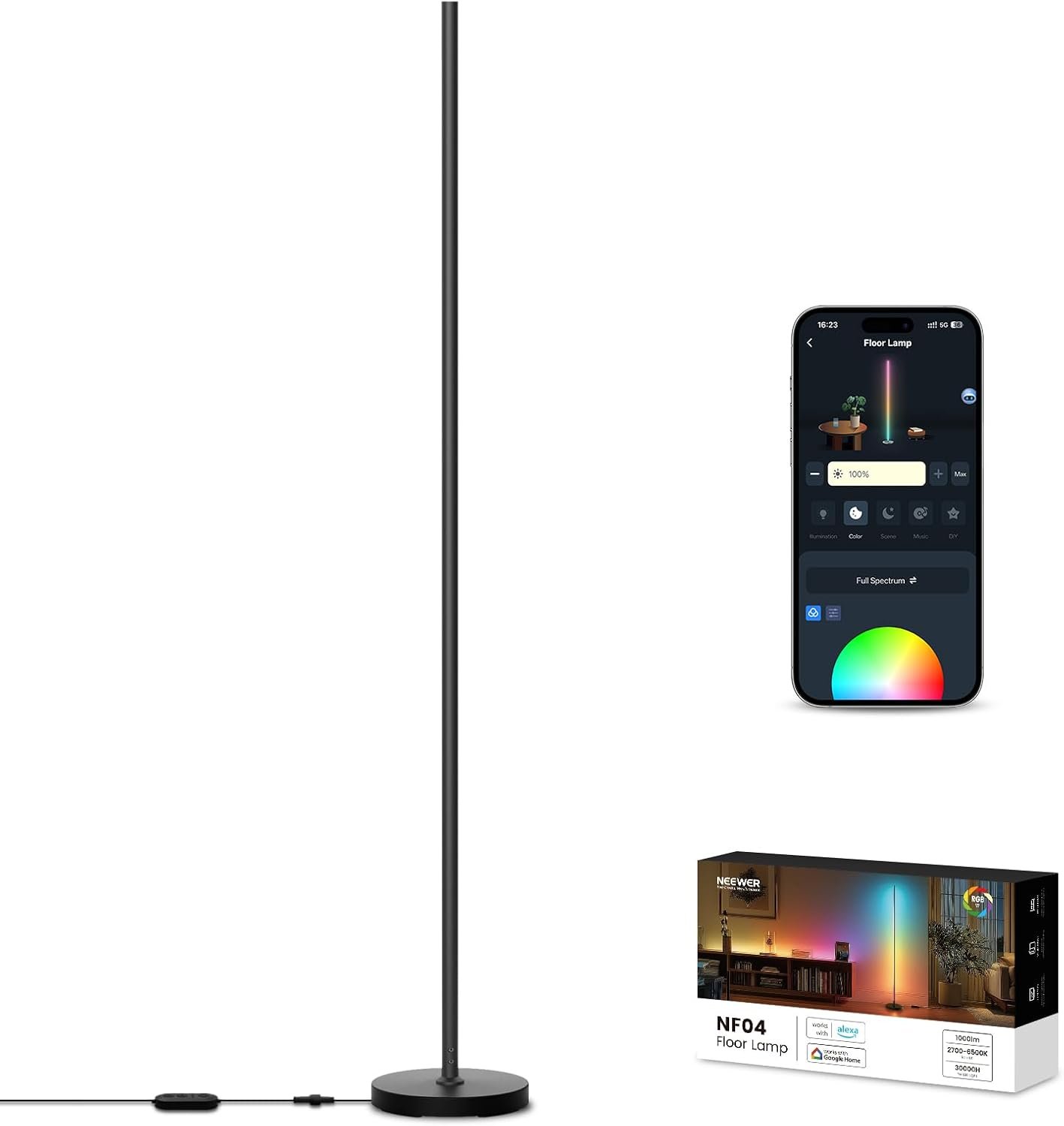 NEEWER NF04 Smart LED Floor Lamp NEW VERSION, 1000lm RGBW Corner Light Compatible with Google Assistant Alexa, APP/AI Design/Music Sync/16 Million Color Living Room Bedroom Home Decor Ambient Lighting