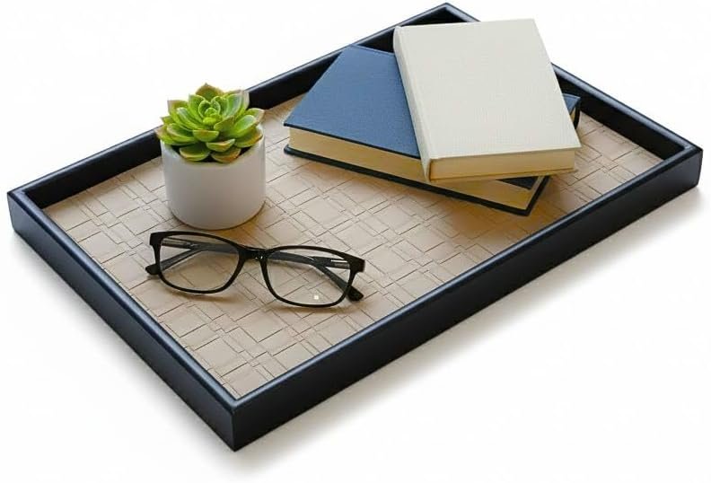 Solvane Wooden Serving Tray in Black – 15x11in Rectangular Ottoman & Coffee Table Tray, Decorative Wood Tray with PU Leather Base for Living Room, Kitchen, Bathroom & Vanity