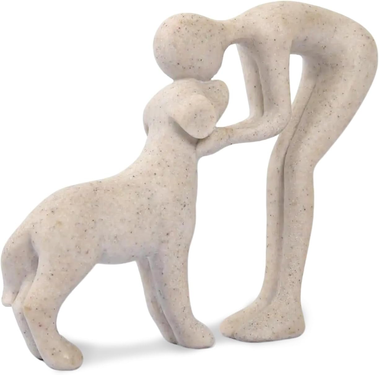 Abstract Resin Hand-Painted Sculpture of Person and Dog Bonding – Head-to-Head Intimate Figurine Decoration for Office、Living Room、Bedroom、Home， Memory Gifts for Pet Lovers (Sandstone)
