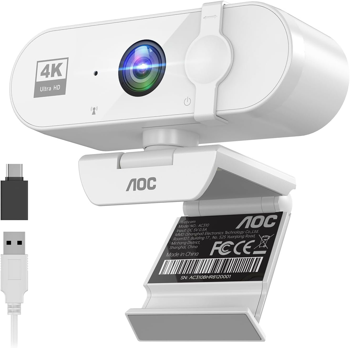 AOC White 4k Webcam for PC with Microphone, Computer Camera with Noise Cancellation, Privacy Cover, 99° FOV, Plug & Play USB Webcam for Streaming, Conferencing, Zoom, Skype, Facetime
