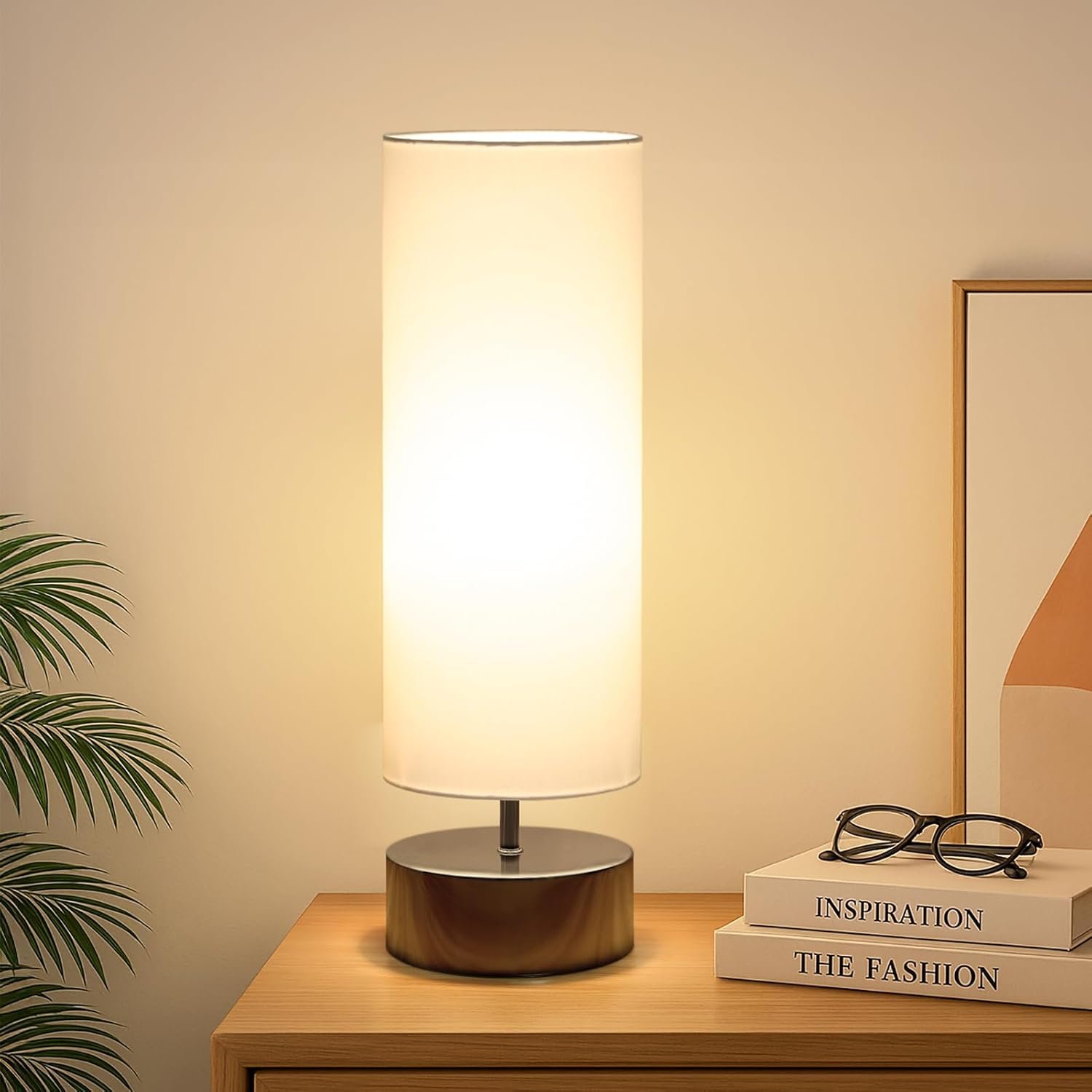 Touch Table Lamp, 3-Way Dimmable Modern Minimalist Accent Bedside Lamp with Cylinder Fabric Shade, Night Light Nightstand Desk Lamp for Bedroom Living Room Kitchen, 9W LED Bulb Included