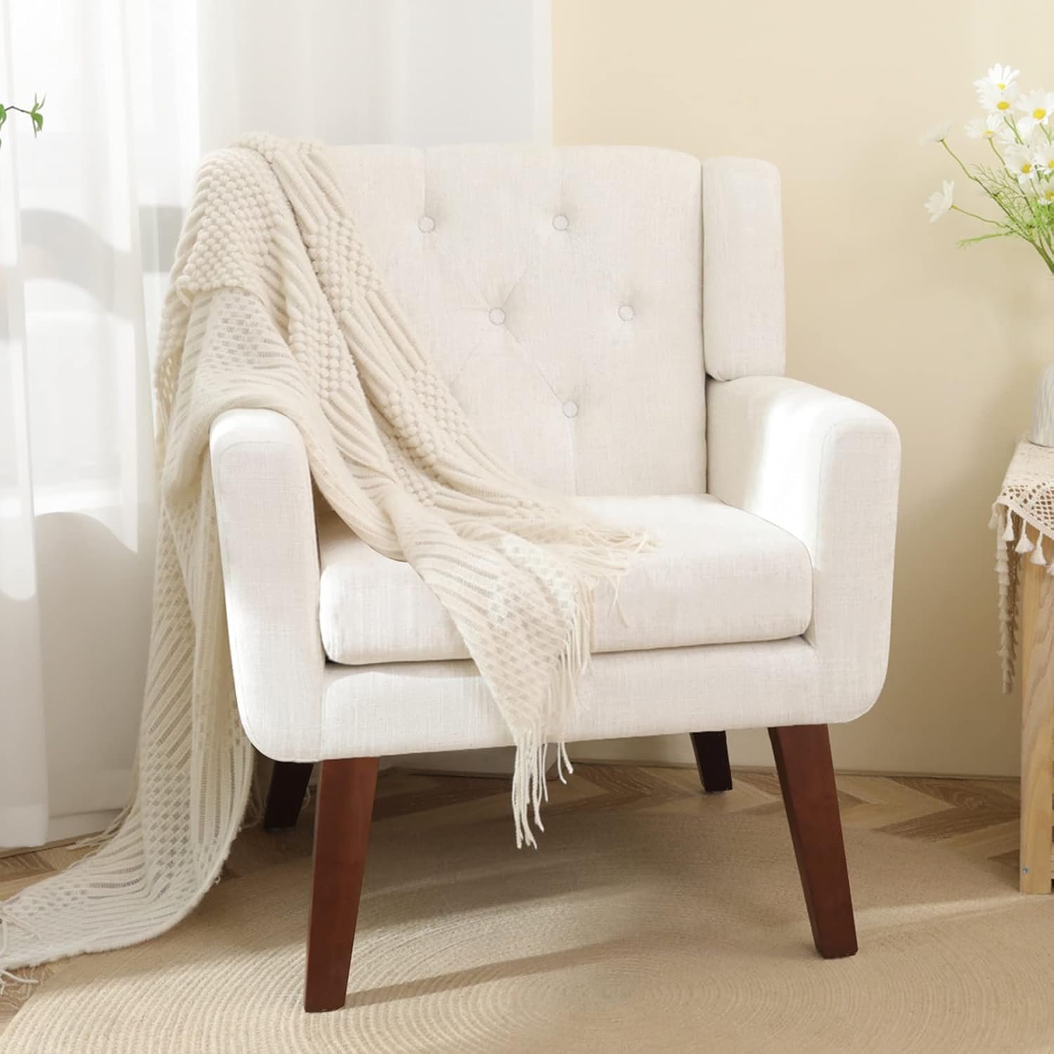 Living&Giving Accent Chair Button-Tufted Upholstered Living Room Chairs Comfy Reading Mid Century Modern with Linen Fabric Lounge Arm for Bedroom (Beige) 29.33D x 28.94W x 34.65H Inch