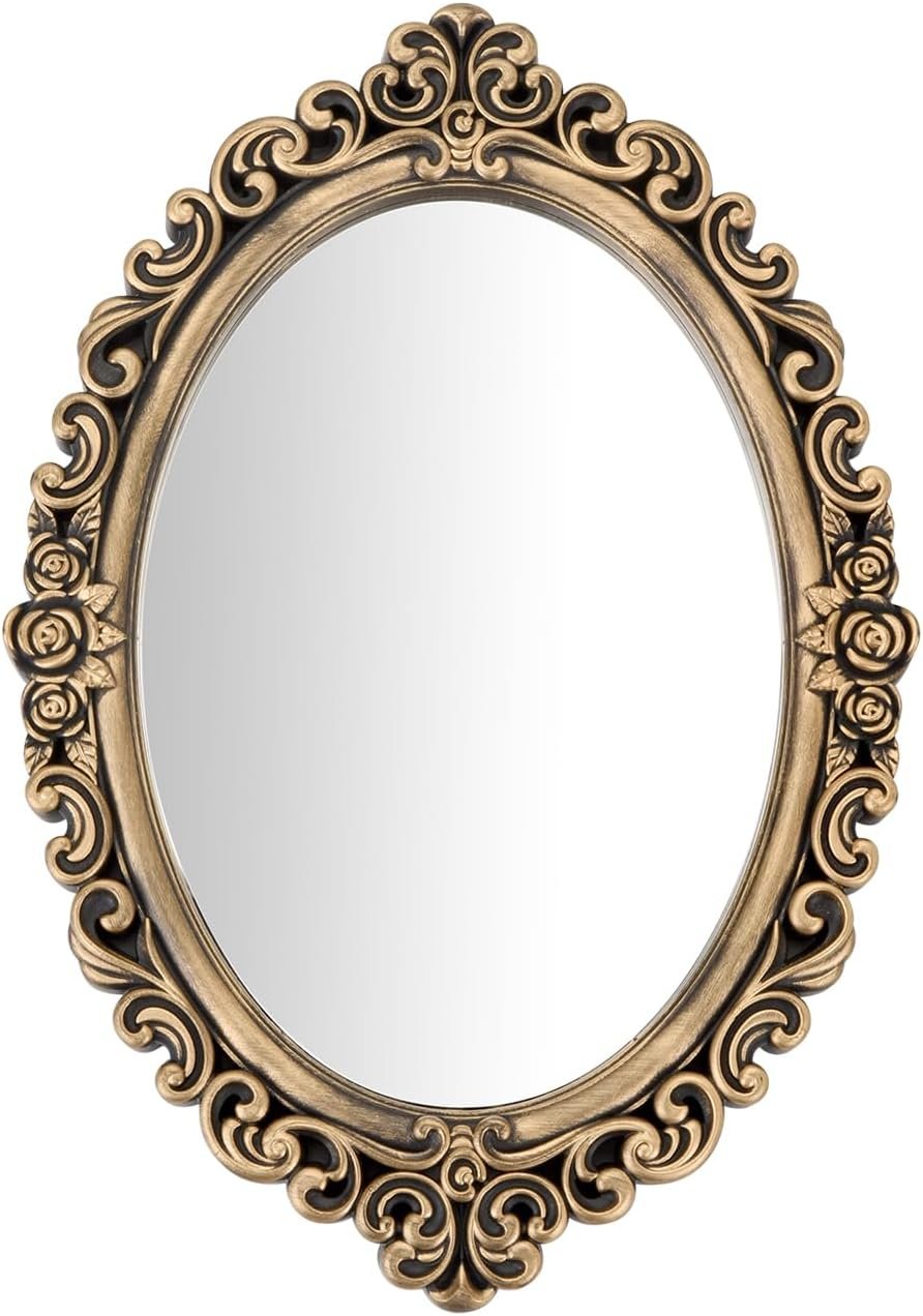 12×8.5 inch Plastic Frame Vintage Oval Wall Mirror with Decorative Bronze Frame, Antique Style Rose Pattern