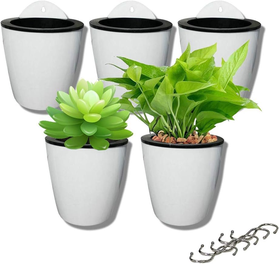 5 pack Lazy flower pots Water hanging plants Pot/Self Watering Planter,Succulent plants and small flower pots Plants Pots Indoor out Wall Hang Flowerpot Window Boxes With 5 hooks Silver (white)