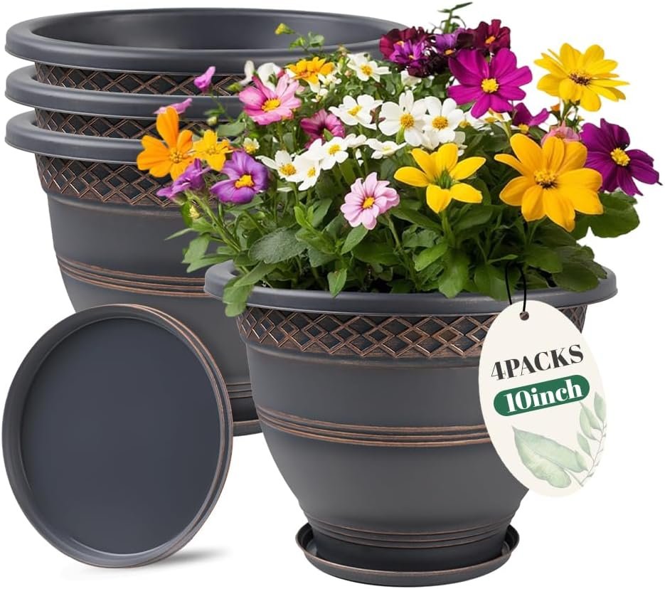 Usocik 10 Inch 4 Pack Plant Pots, Plastic Flower Pot for Indoor & Outdoor with Drainage Holes & Saucer, Plaid Pattern Planters Garden Pots for Herbs