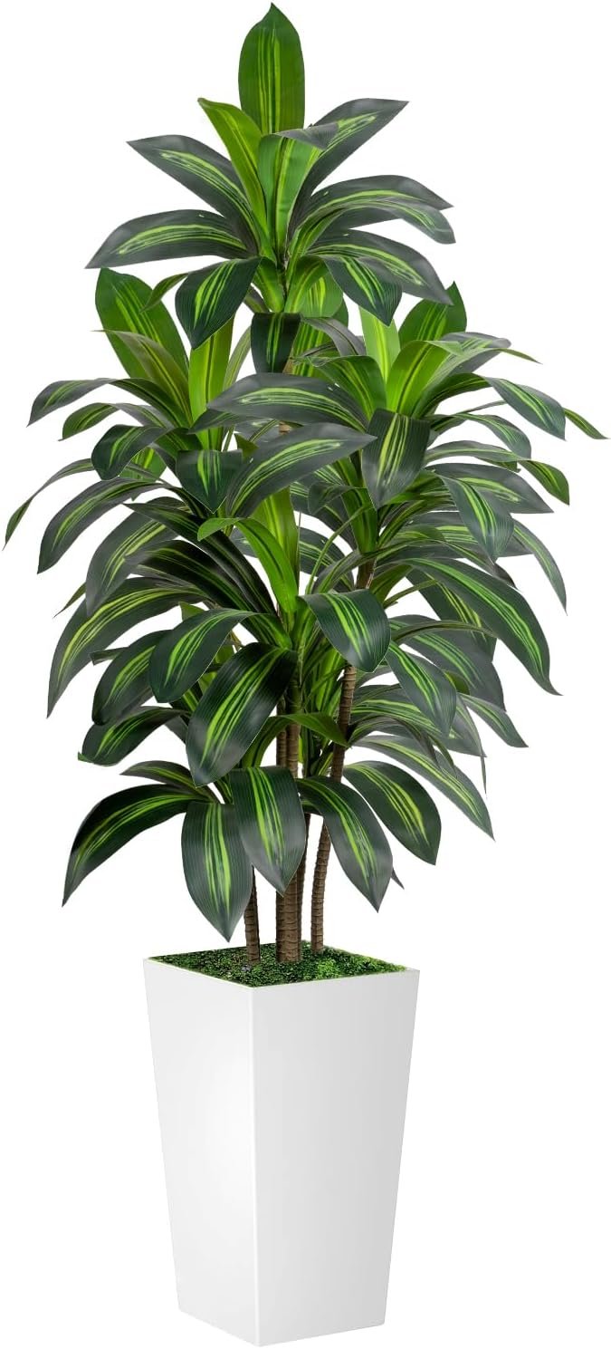 VIVATREES Dracaena Tree 5FT Artificial, 60in Tall Faux Dracaena Tree with 15.7 White Planter, Fake Potted Tree for Indoor & Outdoor Home Office Decor