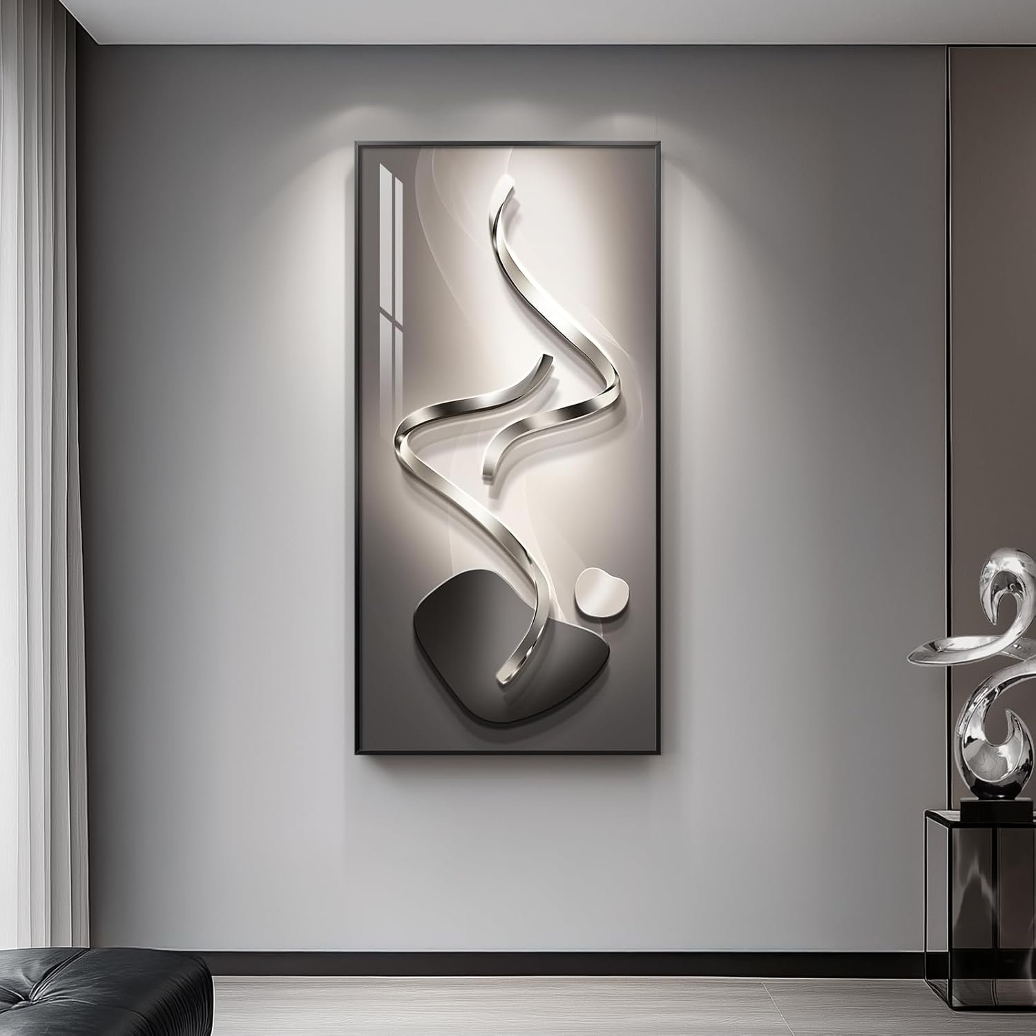 Large Framed Modern Abstract Vertical Wall Art for Living Room, Black Grey Prints Paintings Artwork for Walls, Silver Gray Luxury Pictures for Hallway Entryway Foyer Stair Office Wall Decor 30×60 Inch