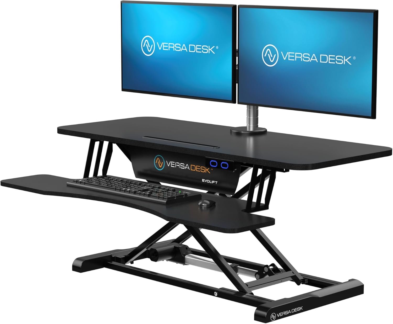 VERSADESK EvoLift 40″ Electric Standing Desk Converter, Sit to Stand Motorized Desk Riser, 1-Button Easy Lift, Dual Monitor Workstation, Wide Keyboard Tray, Built-in Device Stand, Black