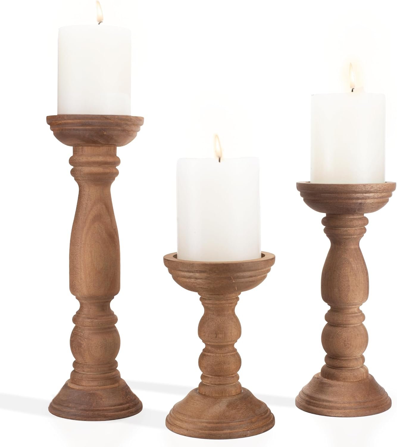 BANOMII Farmhouse Wooden Candle Holders for Pillar Candles Set of 3, Rustic Wood Candle Holder Table Centerpiece Decor, 12” 9” 6” Vintage Tall Candle Stand Decorative, Brown