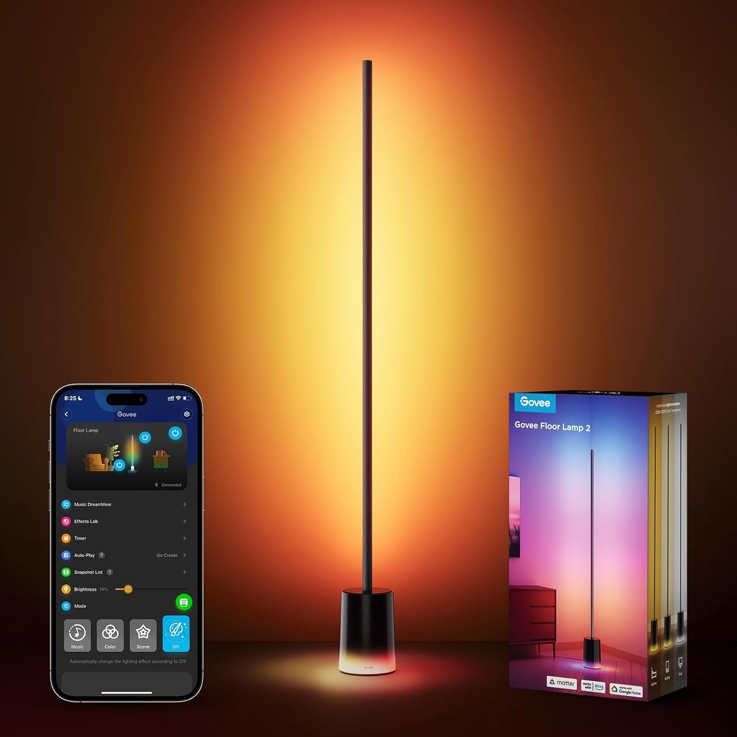 Govee Floor Lamp 2, RGBIC, Warm Cool White LED, Compatible with SmartThings, Matter, Alexa, 1725lm, Music Sync, Scene Modes, Smart Floor Lamp for Living Room, Bedroom, Black(1 Pack)