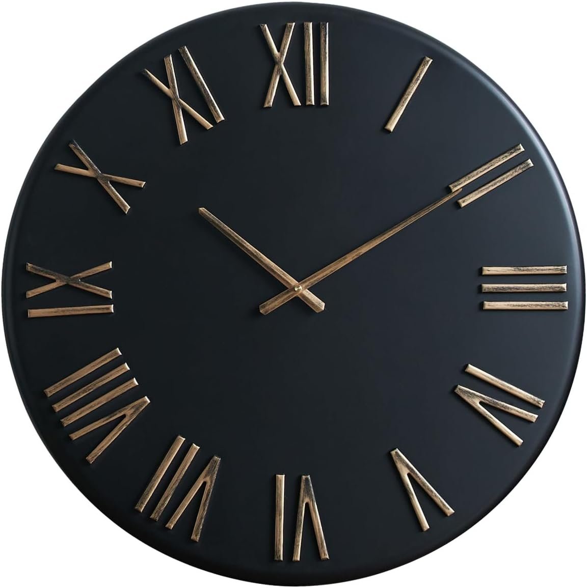 Large Modern Wall Clock – 24 inch, Matte Black Metal Face, Distressed Gold Roman Numerals, Battery Operated, Contemporary Style for Living Room, Kitchen, Dining Room Decor
