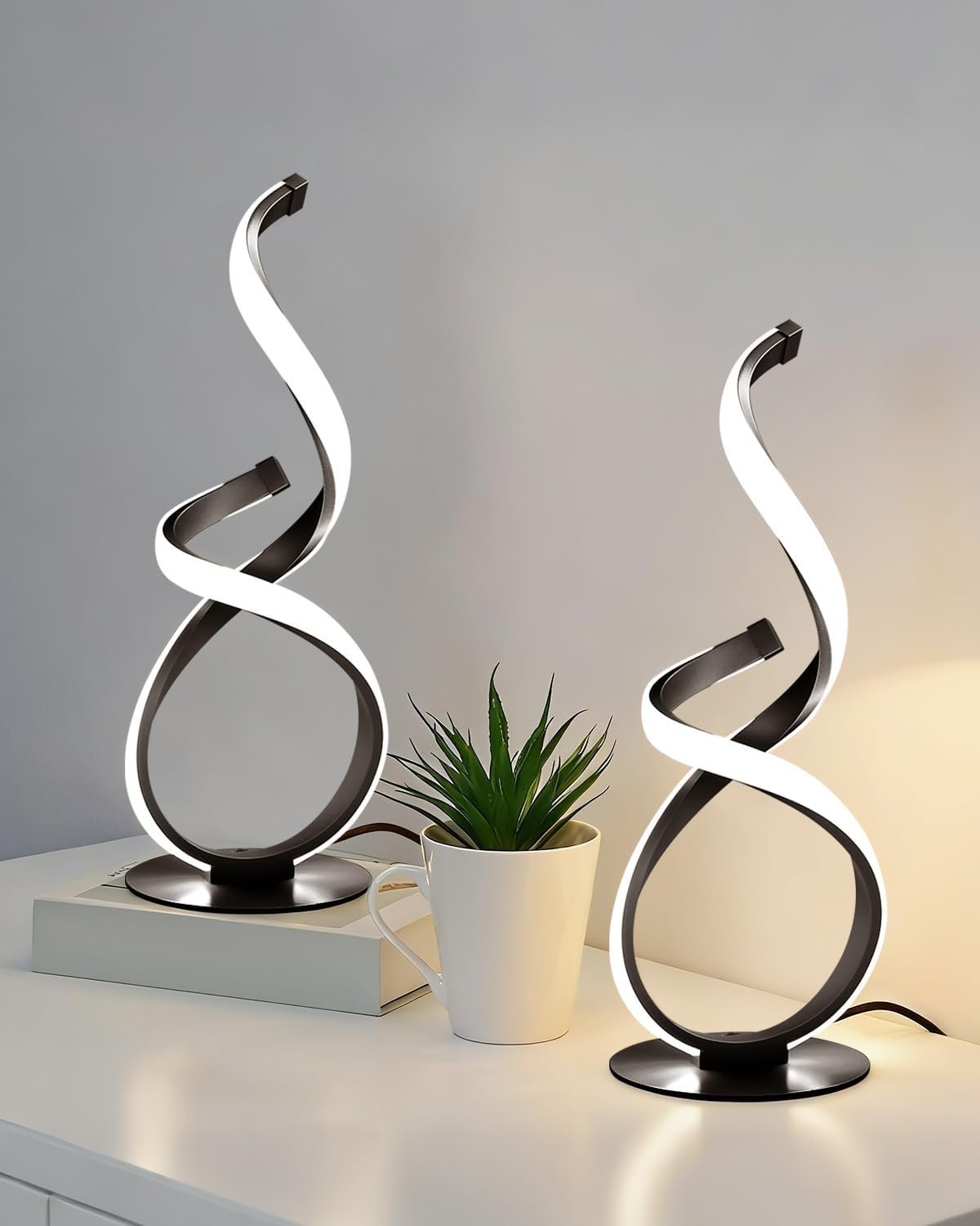 2 Pack Modern Touch Lamp for Nightstand, Spiral LED Table Lamp, Dimmable 3 Color Temperature Night Stand Desk Lamp, Unique Bedside Light for Living Room, Bedroom, Ideal Gift, Black