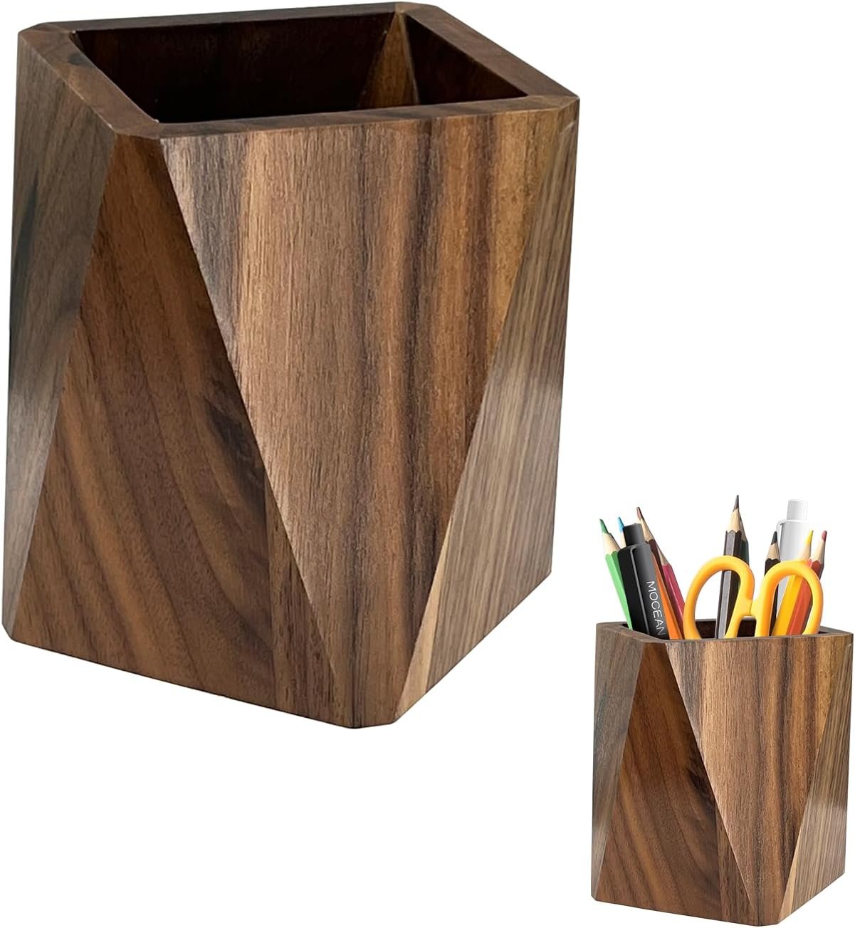 Pen Holder for Desk – Black Walnut Wooden Pen Organizer, Prismatic Shape Writing Stationary Organizer for Multiple-Use Office and School Supplies Storage