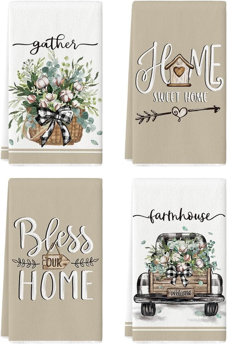 Artoid Mode Eucalyptus Truck Flowers Basket Spring Kitchen Towels Dish Towels, 18×26 Inch Farmhouse Decoration Hand Towels Set of 4
