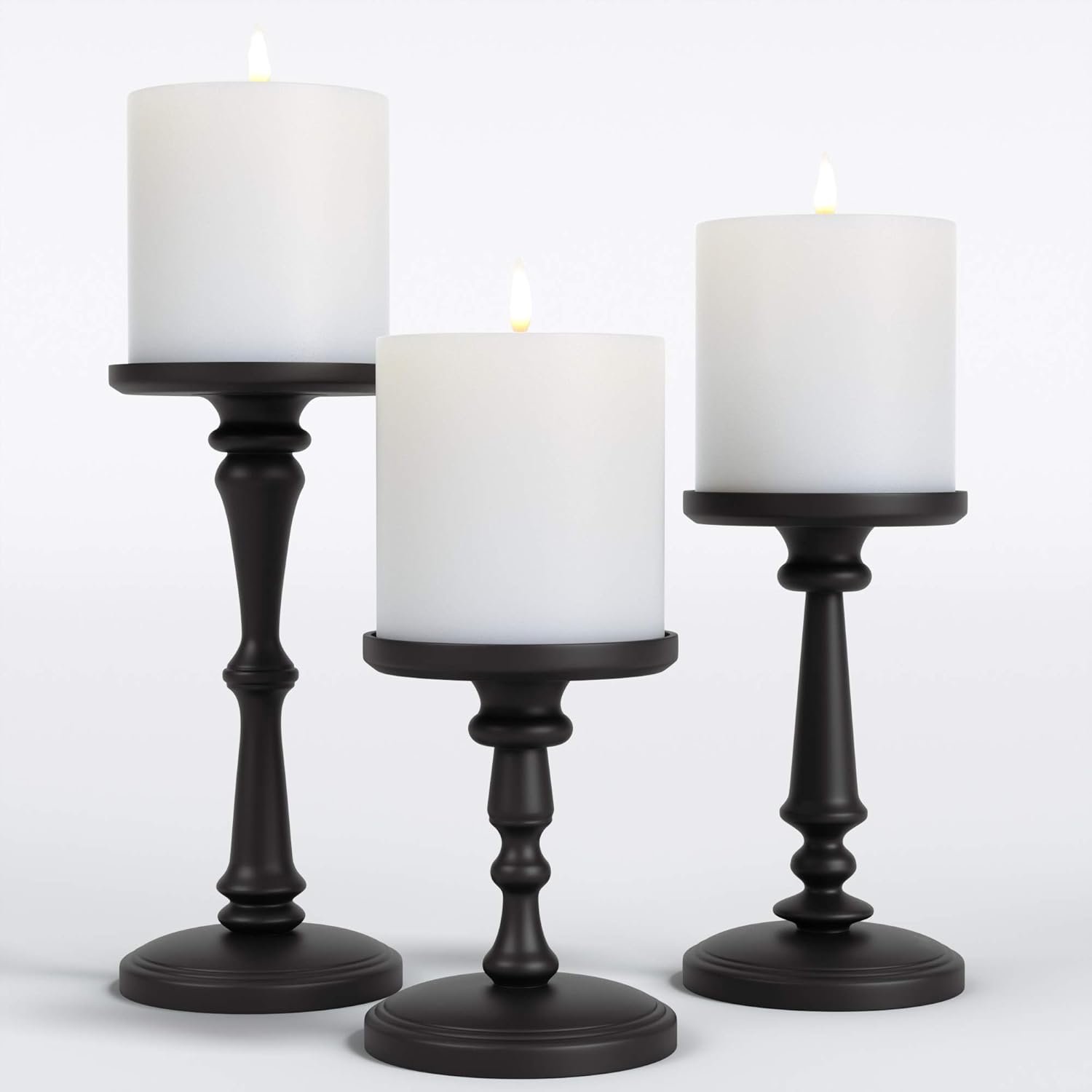 Matte Black Candle Holders Set of 3 – Metal Candle Holders for Pillar Candles & LED Flameless Candles – 6, 8 & 10 Inch Tall – Decorative for Table, Fireplace & More – Pillar Candles Holders Sets of 3