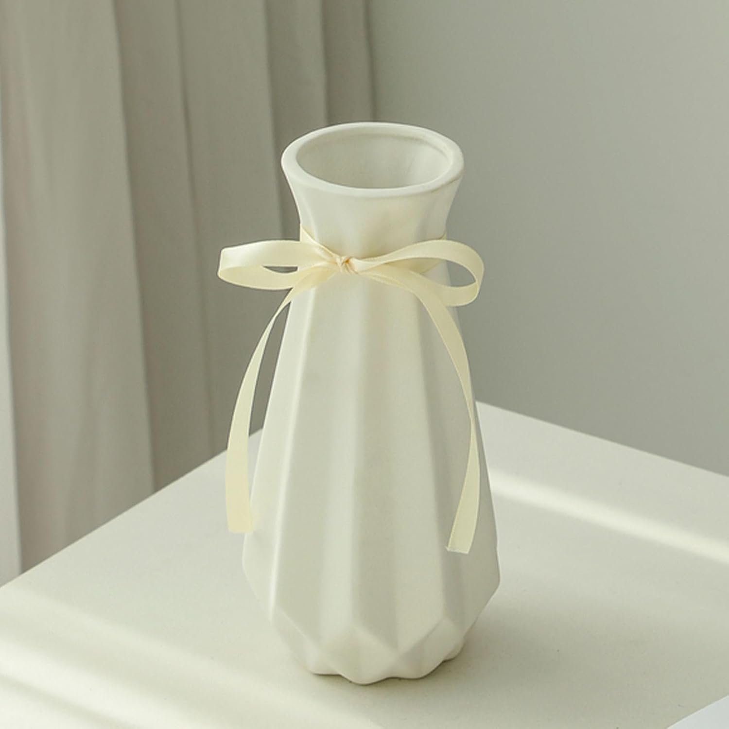Origami Ceramic Vase with Ribbon, 7.9″ H, Artistic Design Flower Vase Geometrical Style for Modern Home Decoration