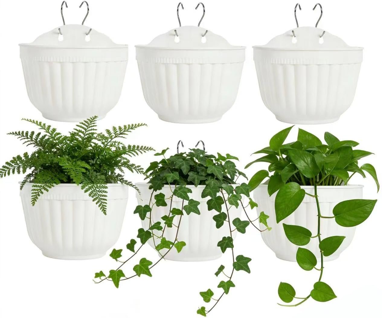 6 Pcs Plastic Large Wall Plant Pots Vertical Garden Living Wall Mounted Window Hanging Basket Fence Planters Indoor Outdoor for Plants Flowers Kitchen Herbs Holder with Drainage Decor White