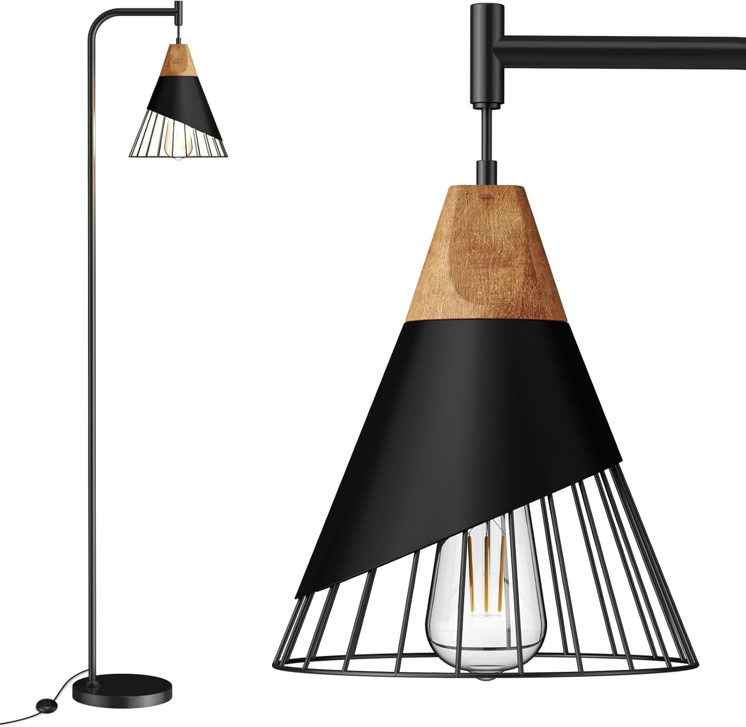 67″ Industrial Floor Lamp with Wood & Black Metal Shade, Modern Standing Lamp, Rustic Farmhouse Tall Lamp for Living Room Bedroom Office, 2700K Bulb & Foot Switch Included (Black)