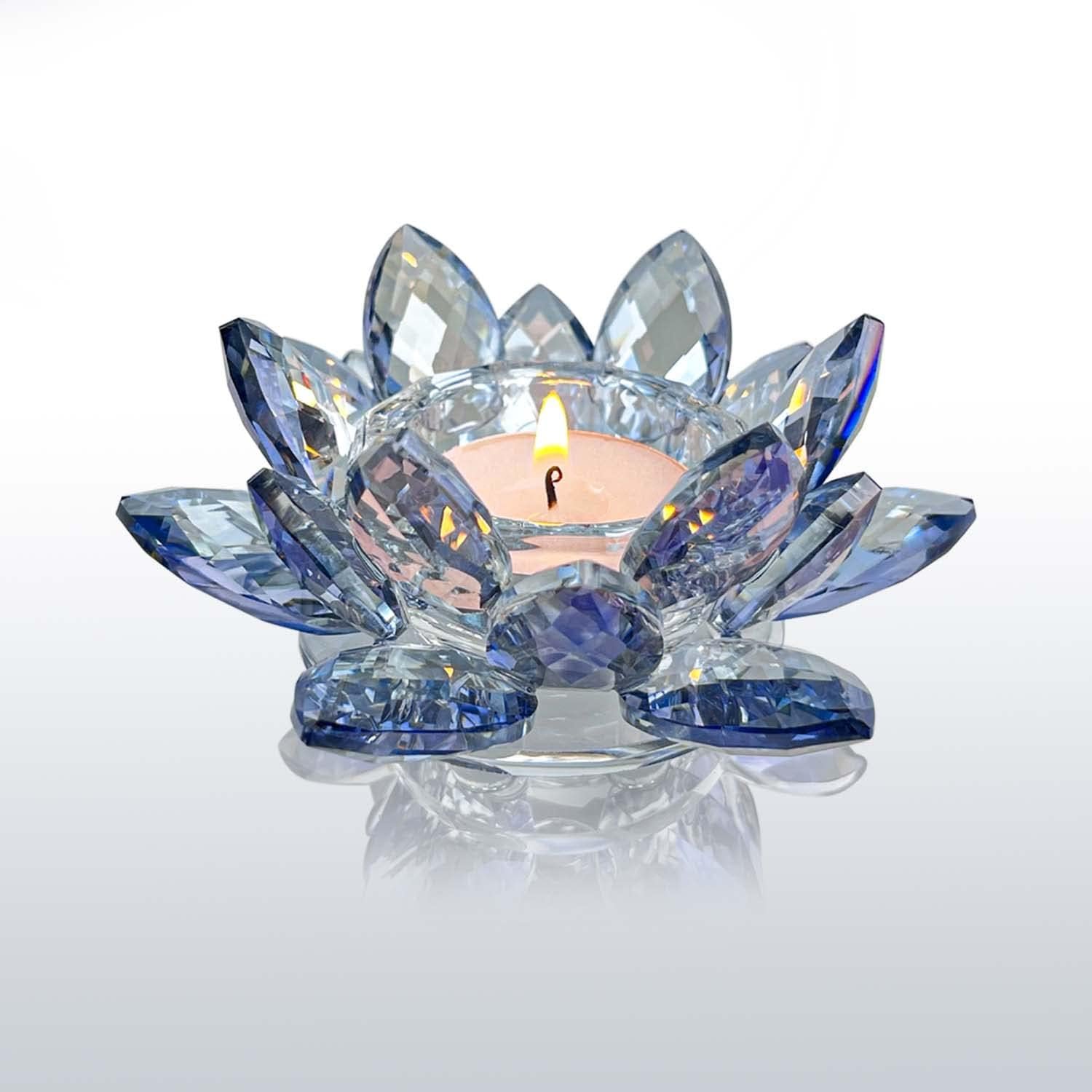 Crystal Lotus Flower Tealight Candle Holders/Glass Tea Light Candlestick Decor Decoration for Christmas Home Wedding Party… (Blue 1pc)