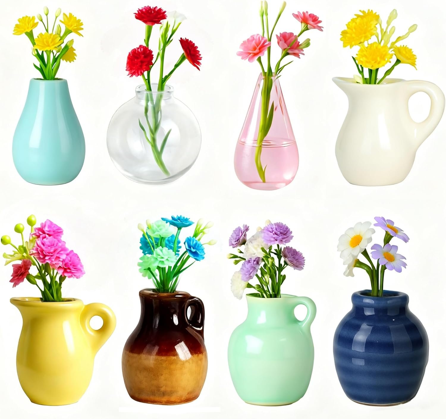 Renmxj 8 Pcs Refrigerator Magnets – Cute Mini Ceramic Vase Fridge Magnets with Artificial Flowers, Funny Tiny Vase Magnet for Fridge Decorative, Office, Kitchen, Locker, Whiteboard