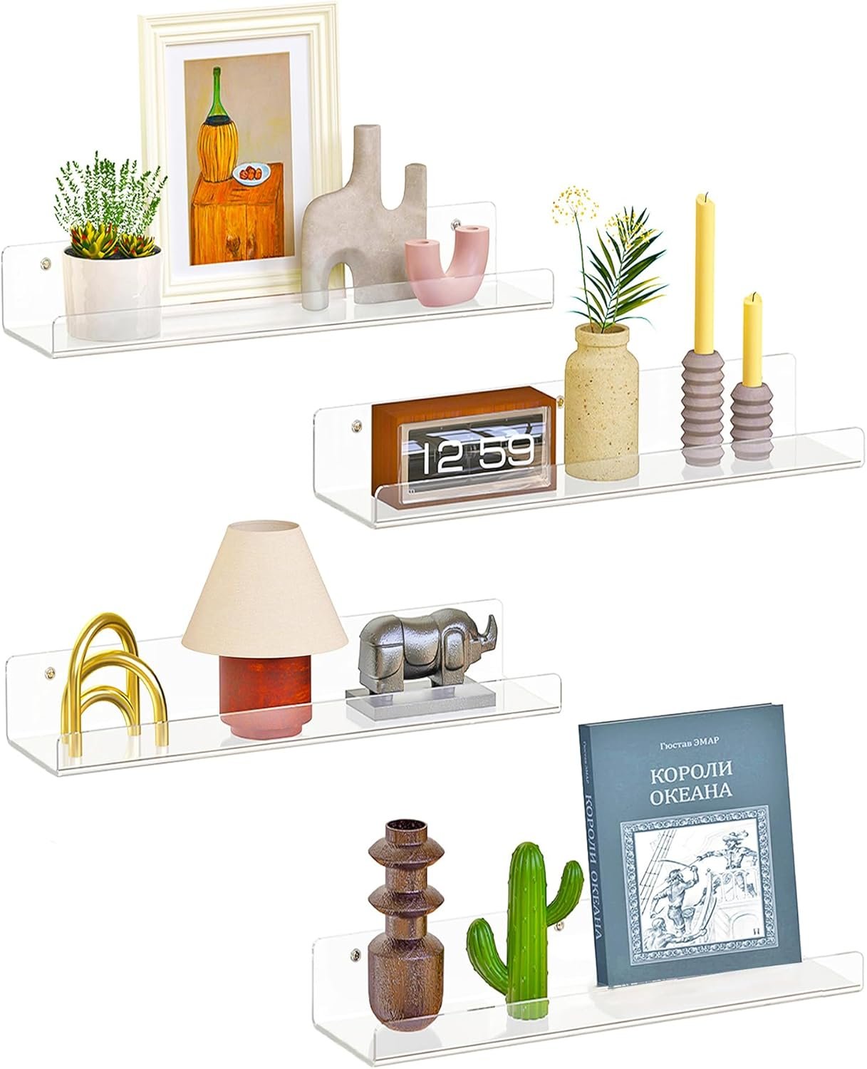 Dooiclear 4 Pack Floating Shelves for Wall, 15″ Clear Book Shelf, Acrylic Floating Wall Shelf, Display Shelves Organizer for Bathroom, Classroom, Bedroom, Living Room, Kitchen, Room Decor