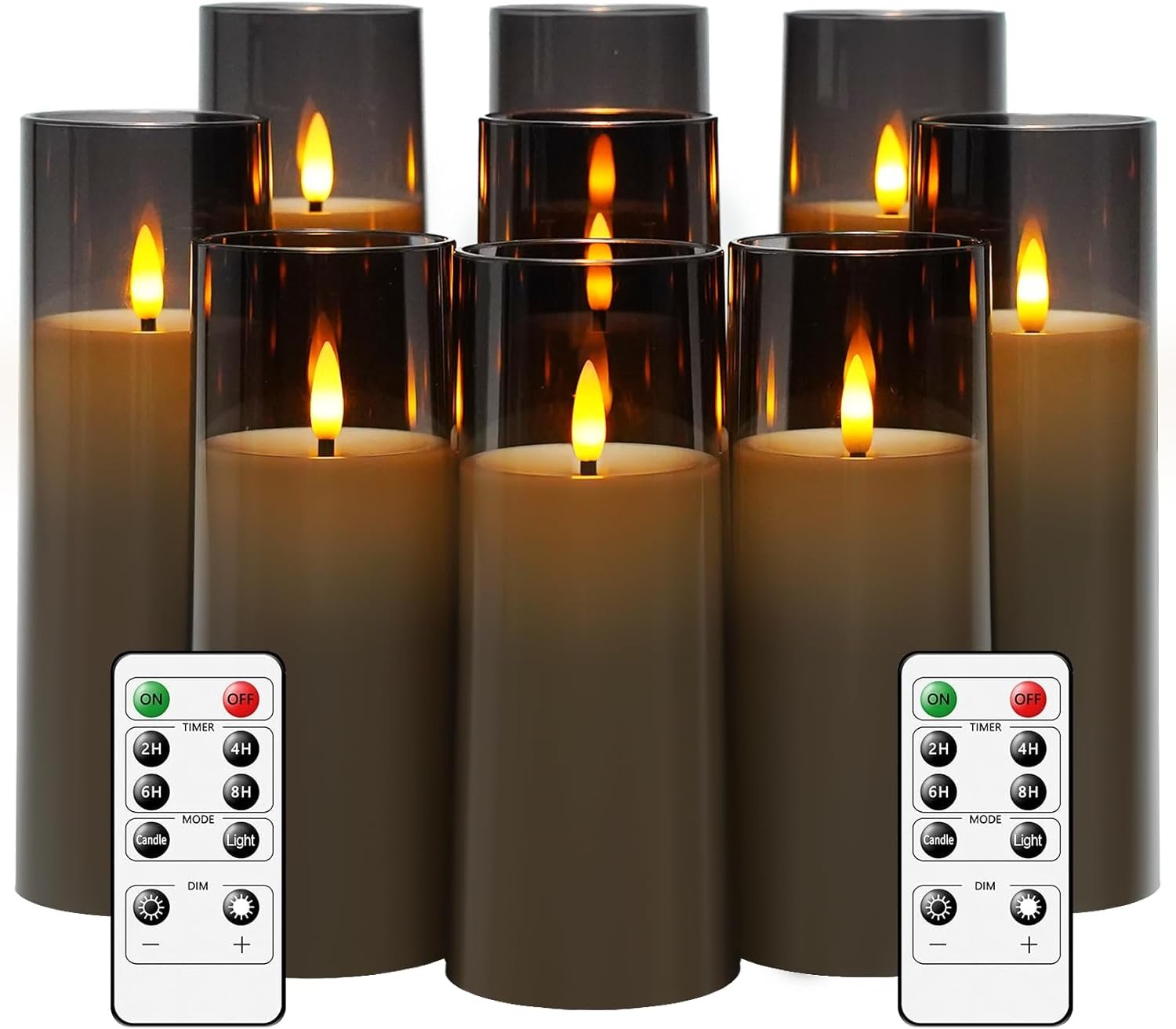 kakoya Flickering Flameless Candles Battery Operated with Remote and 2/4/6/8 H Timer Plexiglass Led Pillar Candles Pack of 9 (D2.3 xH5.5 6.5″ 7.5″) with Realistic 3D Wick Candles for Home Decor(Grey)