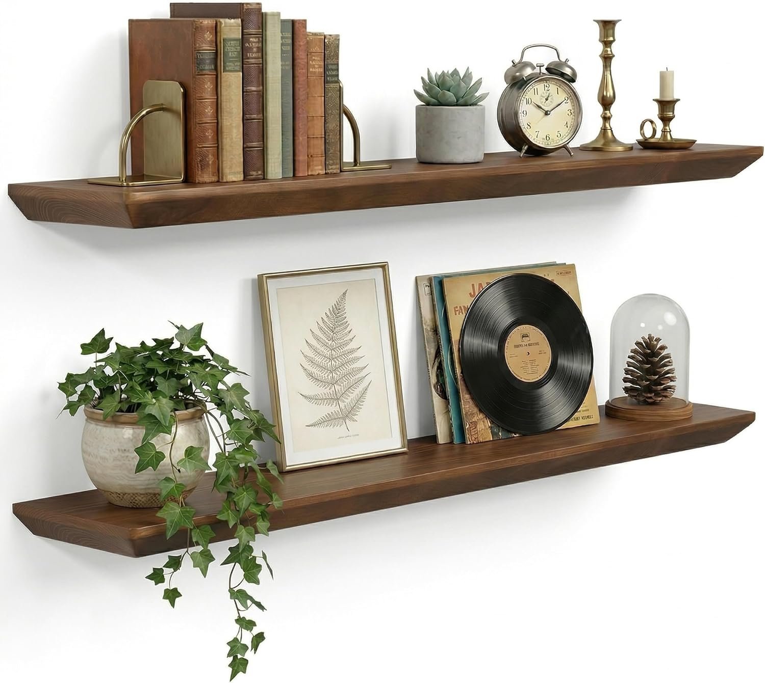 30 inch Floating Shelf for Wall, High End Solid Real Wood Shelf, Spruce Wooden 24in Floating Shelves with Heavy Duty Bracket for Living Room Bedroom Office, 24 X 6.7 X 1.4 in, Set of 2,Walnut Finished