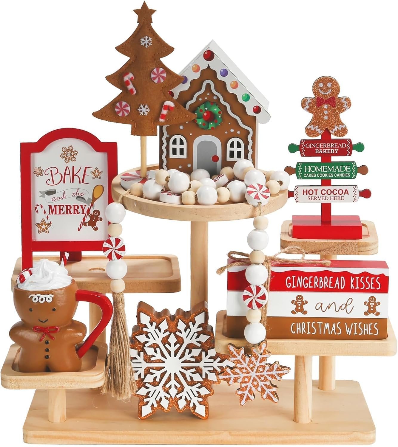 Gingerbread Christmas Decorations 8 PCS Tiered Tray Decor Set, Cute Tabletop Christmas Decor for Home Shelf Mantel Coffee Bar Office Xmas Table Centerpieces Tray Objects Holiday Baking