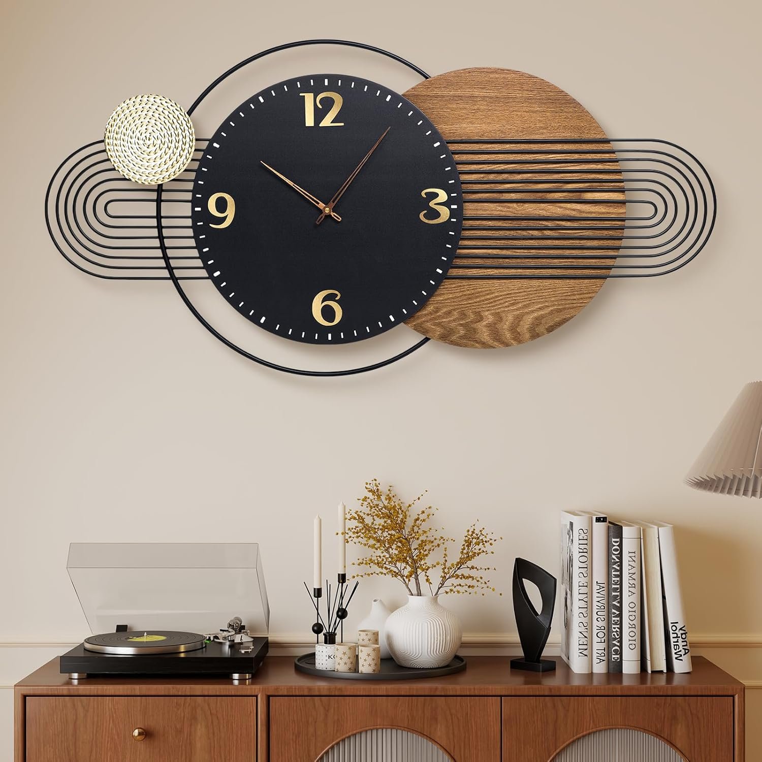 39X20 inch Extra Large Wall Clock – Modern Wood and Metal Decorative Clocks for Living Room, Battery Operated Big Clocks,Silent Non Ticking Hanging Clock for Home Office Wall Art