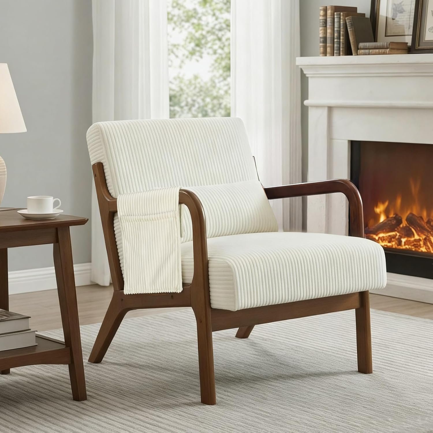 DUMOS Mid Century Modern Accent Chair, Upholstered Armchair with Lumbar Pillow and Solid Wood Frame, Comfy Reading Chair for Small Living Room, Bedroom, Guest Room, Beige