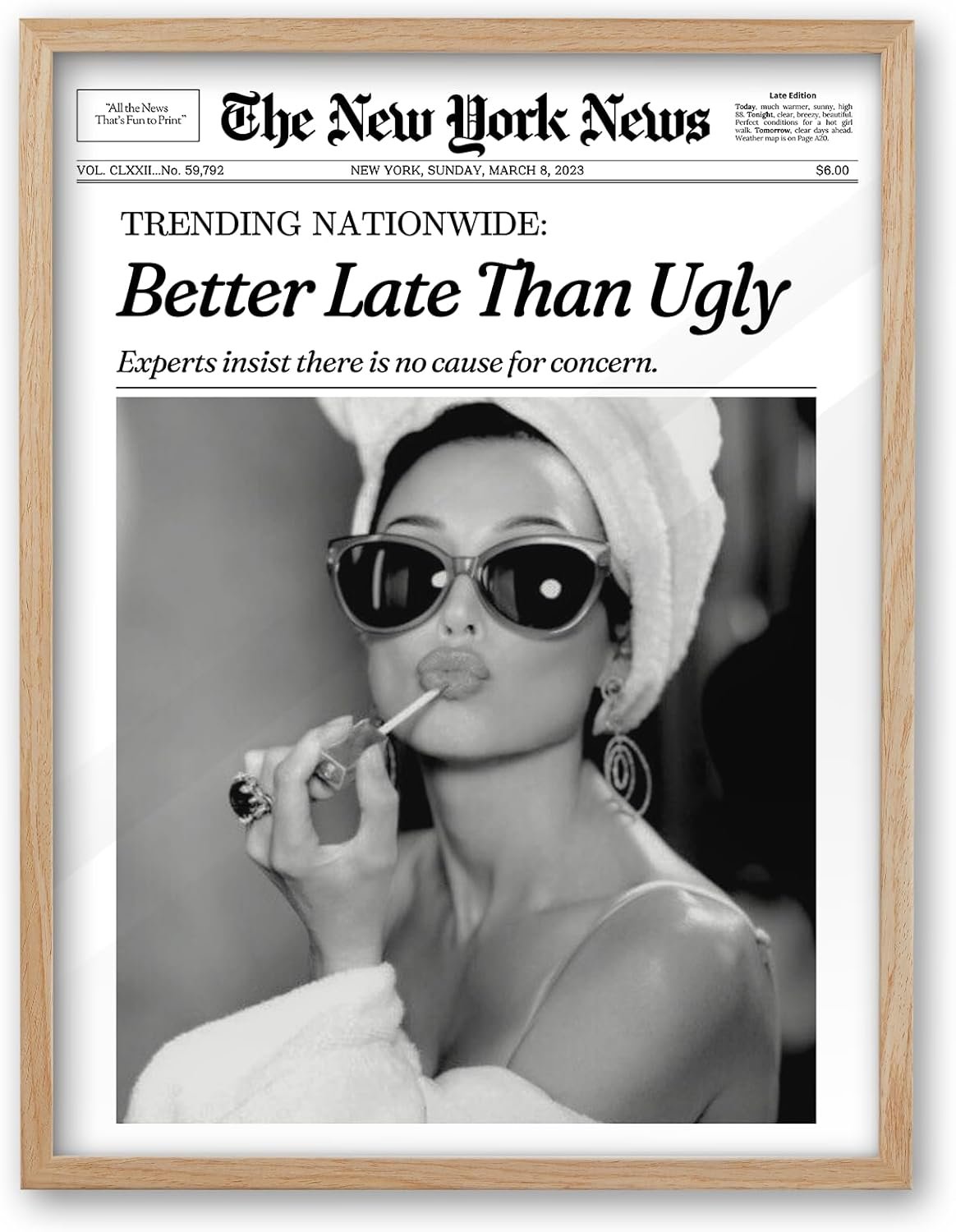 iHery Natural OAK Wood Audrey Hepburn Newspaper Trendy Framed Wall Art, 12×16 in Vintage Headline Canvas Bedroom Wall Decor, Better Late Than Ugly,Bathroom Artwork Apartment Girly Dorm Room 1Pack