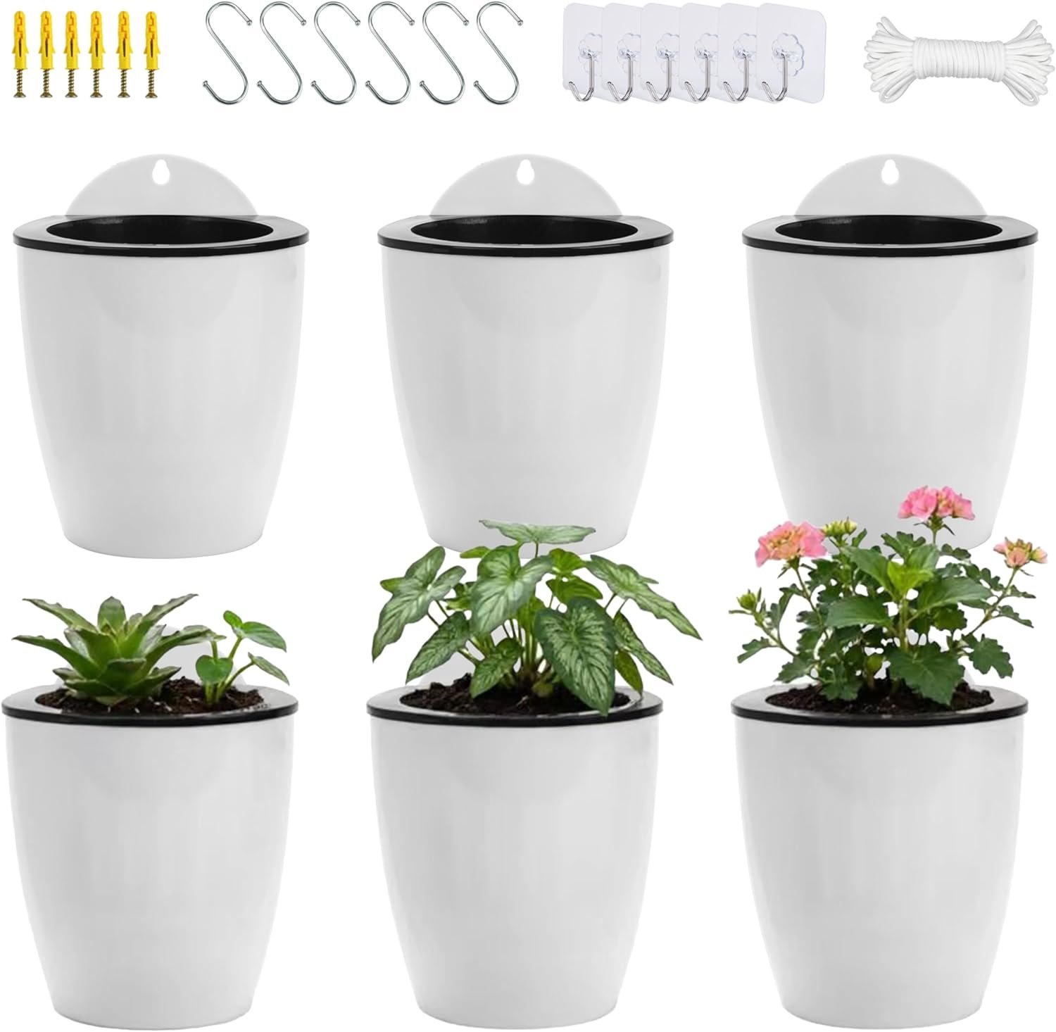 6 Pack Hanging Planter Wall Planter Self Watering 5 inch Plant Pot with Hardware Vertical Planter Outdoor Indoor Plants Herb Garden Home Décor Kitchen Balcony Railing Shelf Fence (Medium)