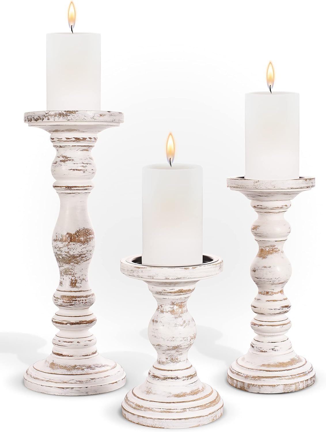 Large Candle Holders for Pillar Candles – Rustic Farmhouse Style Home Decor – Perfect for Table Centerpieces, Coffee Table or Fireplace Mantel – 3 Piece Set – White