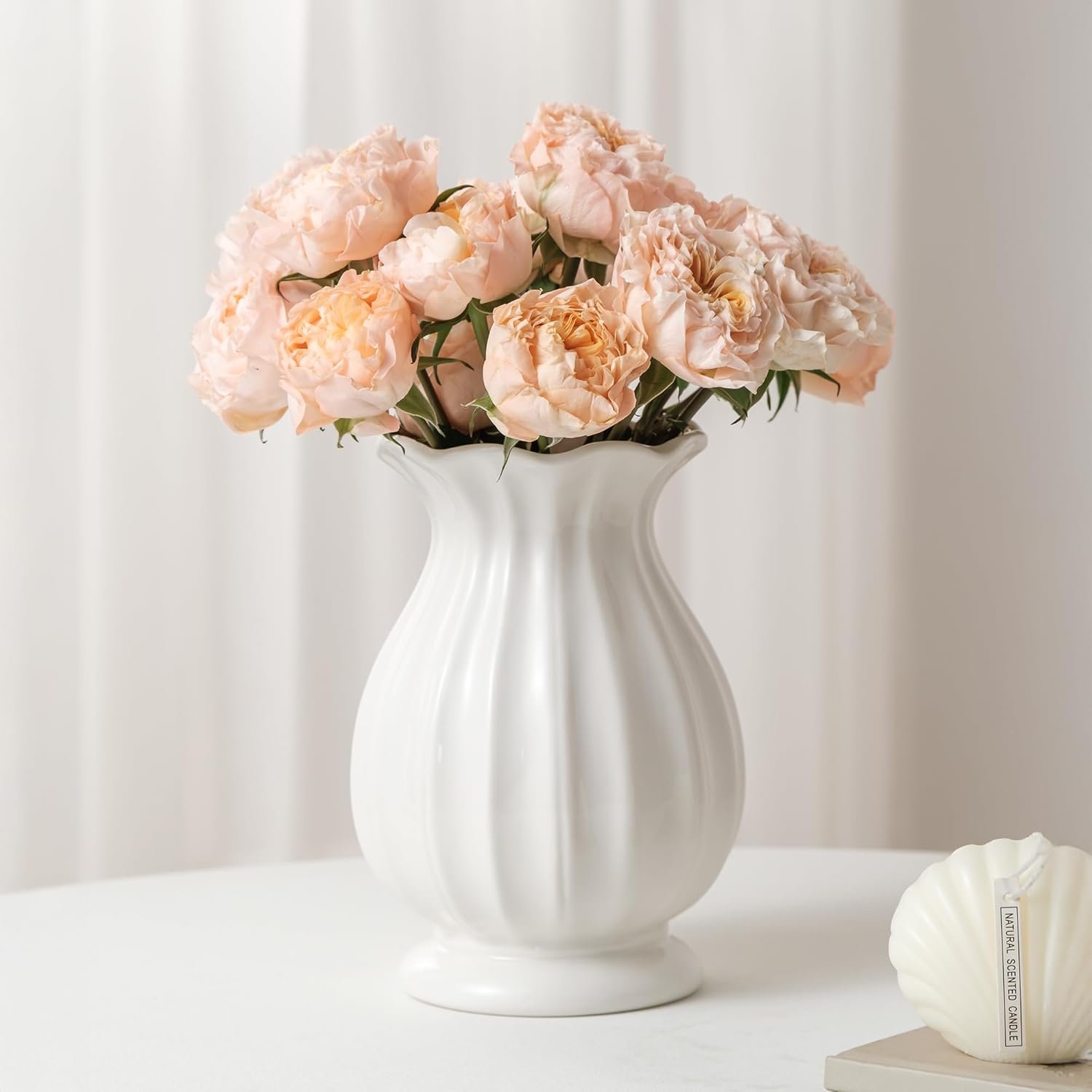 White Ceramic Vase, 7.8 Inch Flower Vase Home Decor Modern Decorative Vases for Bouquet, Unique Vases for Farmhouse Living Room Cabinet Table Centerpieces Wedding Decorations