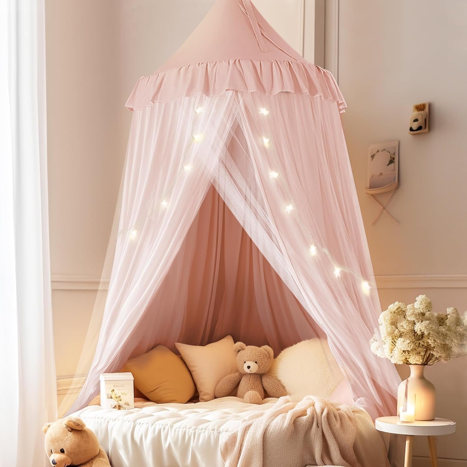 little dove Bed Canopy with Star Lights, Double Layer Canopy for Bed, Princess Play Tent for Girls Room, Breathable Bed Curtain for Children Reading Nook, Machine Washable, 25.6”x106”, Pink
