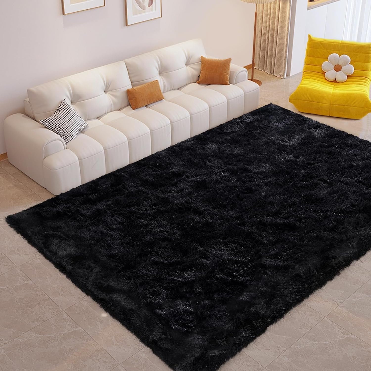 FinRèc Soft Black Area Rugs for Bedroom Living Room, 4×6 Feet Modern Indoor Fluffy Shaggy Rug, Non-Slip Fuzzy Furry Rug for Nursery Kids Room Dorm Room Home Decor, High Pile Plush Floor Carpet