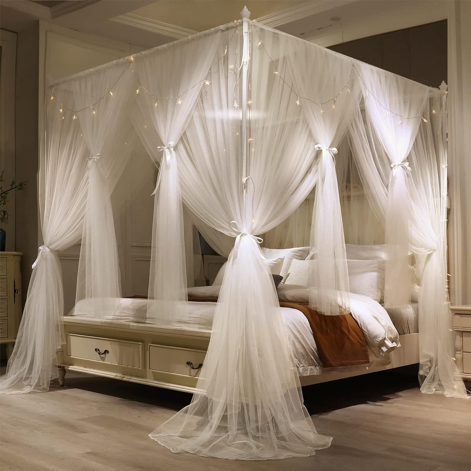 VETHIN 4 Corners Post Princess Bed Canopy Curtain Double Layer Cozy Drape Netting 4 Opening Mosquito Net for Girls & Adults Bedroom Decoration Accessories (Double White, 64″ W*82″ L*82″*H/(Queen))