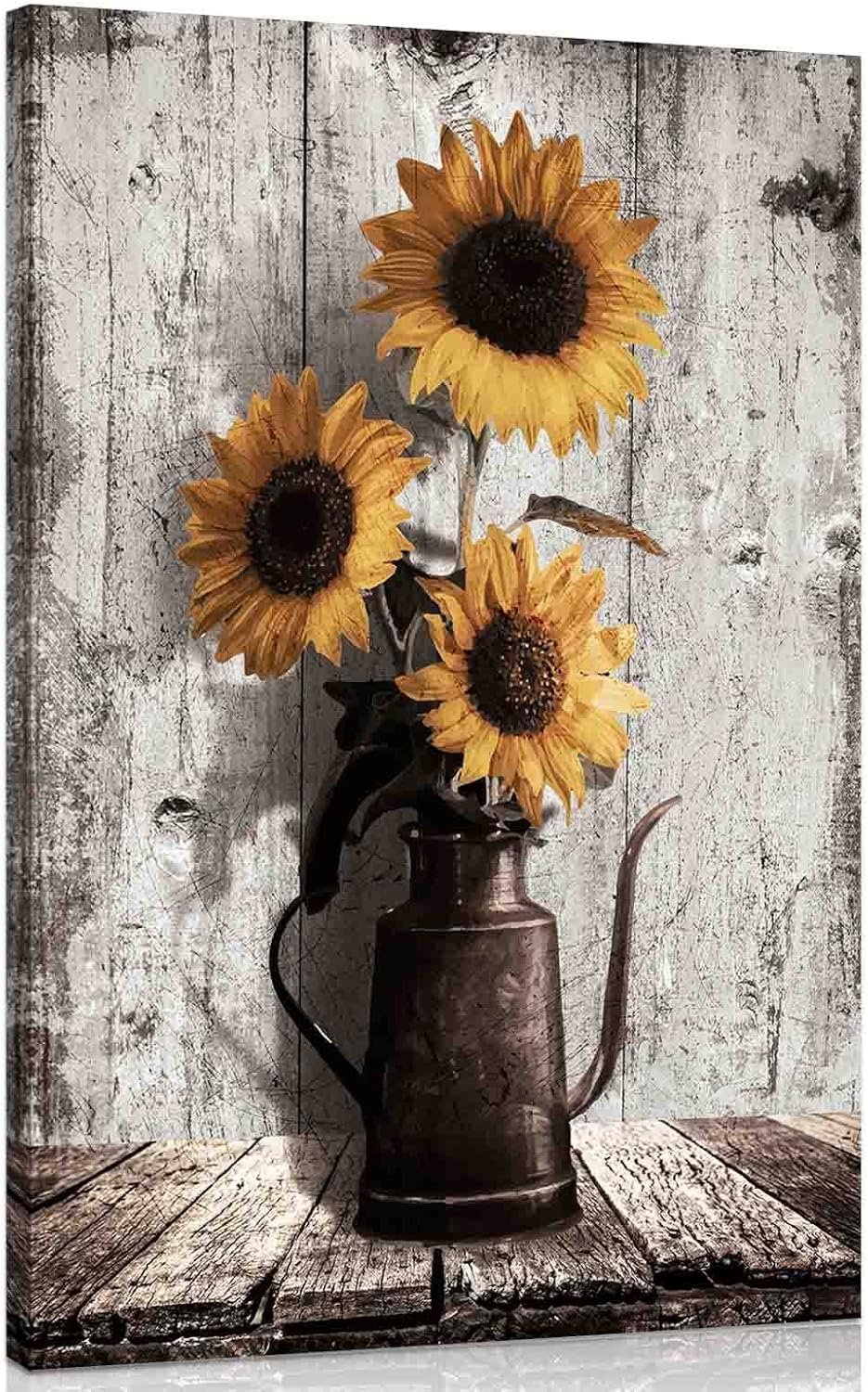 Rustic Sunflower Canvas Wall Art: Vintage Flower Picture Print Farmhouse Wall Decor – Floral Pot Decorative Poster Framed Artwork Decoration for Bedroom Home Office Ready to Hang 10″ x 15″