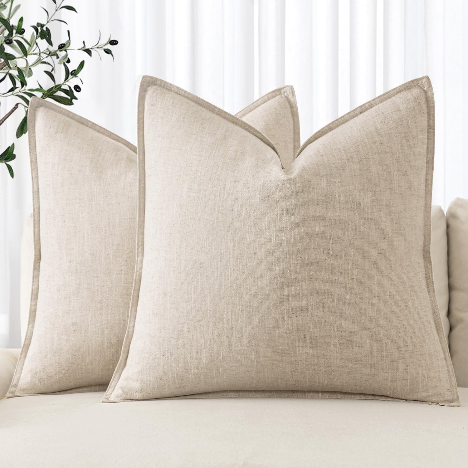 MIULEE Decorative Linen Euro Sham Pillow Covers 24×24 Natural Beige Boho Farmhouse Neutral Couch Throw Pillows for Bed Pack of 2 Accent Modern Pillowcase Sofa Livingroom Home Decor