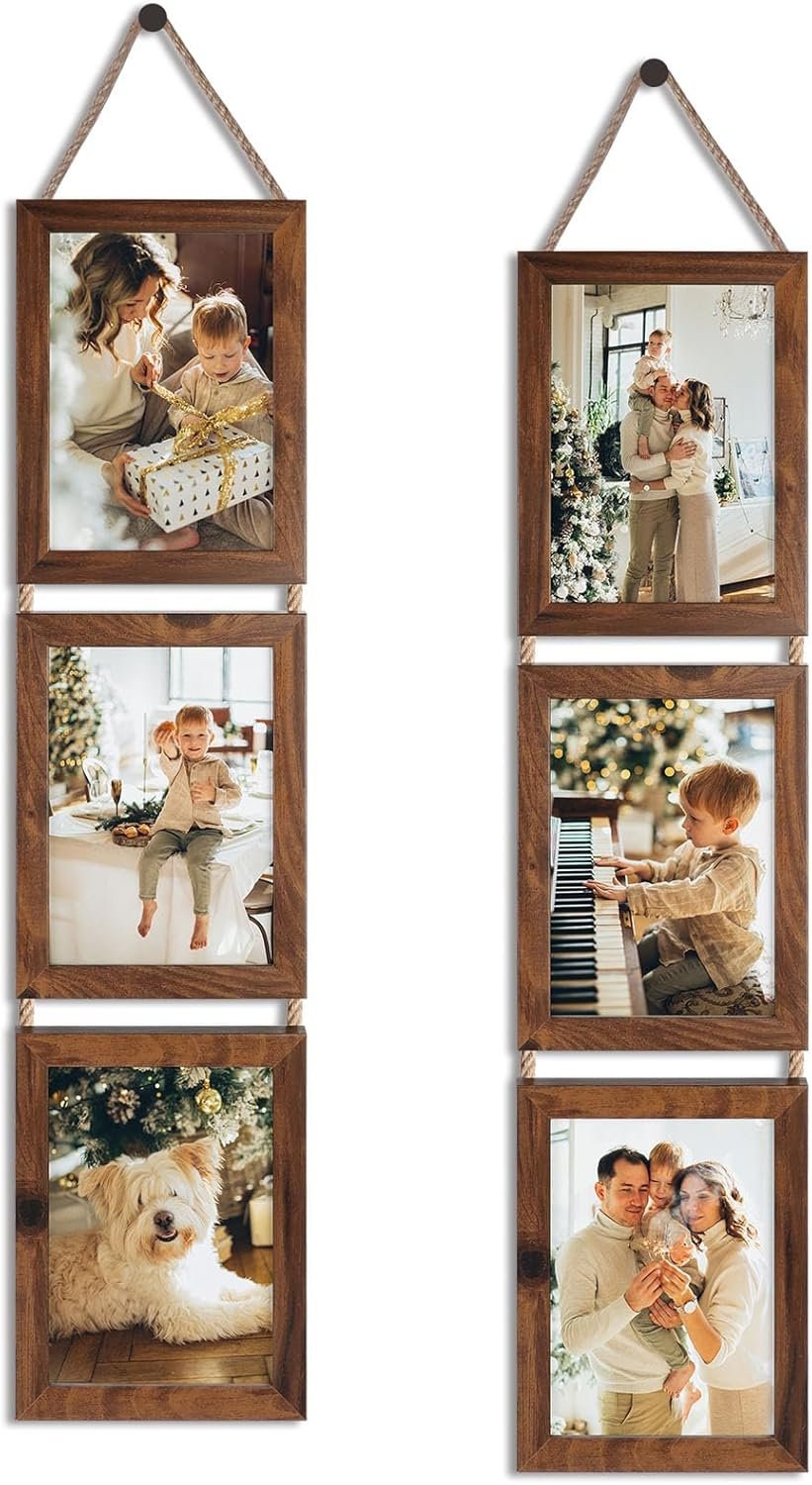 QUTREY 5×7 Collage Picture Frames, 6 Openings Hanging Photo Frame Set Display Vertical 5 by 7 inch Pictures for Wall Decor, Rustic Walnut Brown, 2 Pack