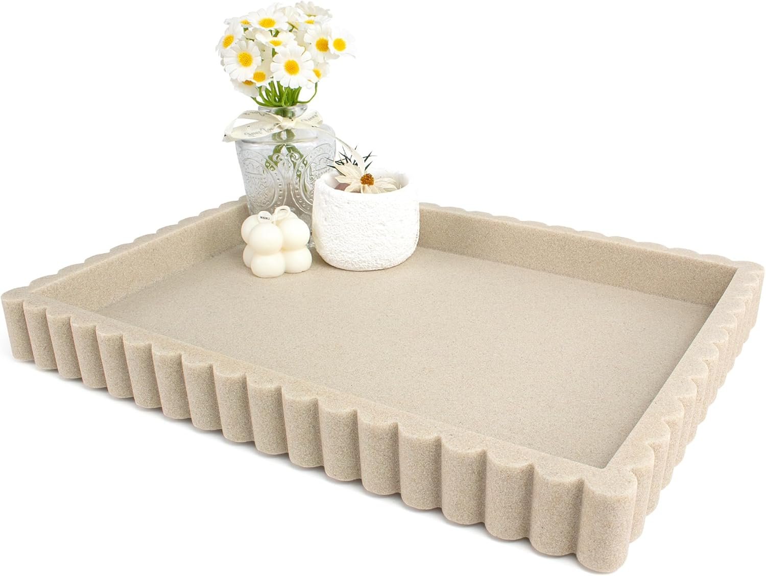 YMXYJM-Scalloped Coffee Table Tray，Ottoman Tray for Modern Home Decor. 14″ Decorative Tray for Entryway Table Decor, Living Room Table Decor, Coffee Table Centerpiece – Beige Resin