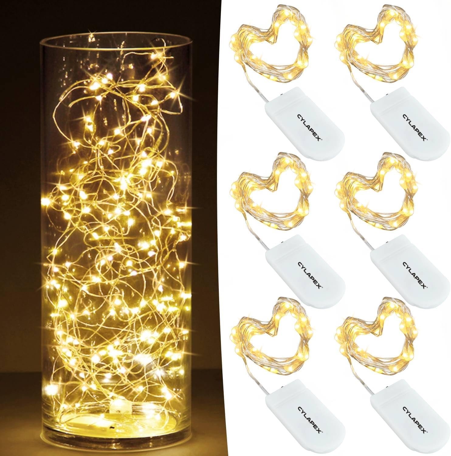CYLAPEX 6 Pack Fairy Lights Battery Operated 7ft 20 LED Mini String Lights Silver Wire Firefly Starry Moon Lights for Wedding Mason Jars Party Christmas Centerpiece Table Decorations, Warm White