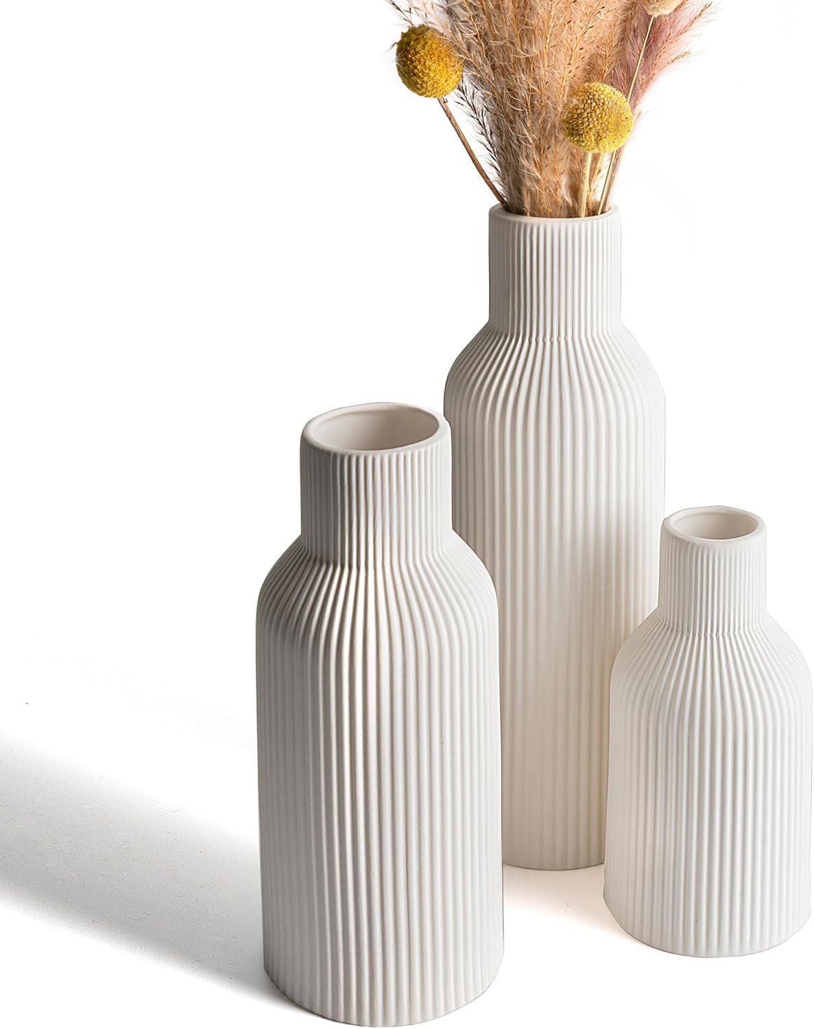White Ceramic Flower Vases Set of 3, Modern Matte Vertical Ribbed, Nordic Minimalist Decor for Pampas, Dried & Fresh Flowers, Centerpiece for Living Room, Shelf, Entryway, Wedding,Office