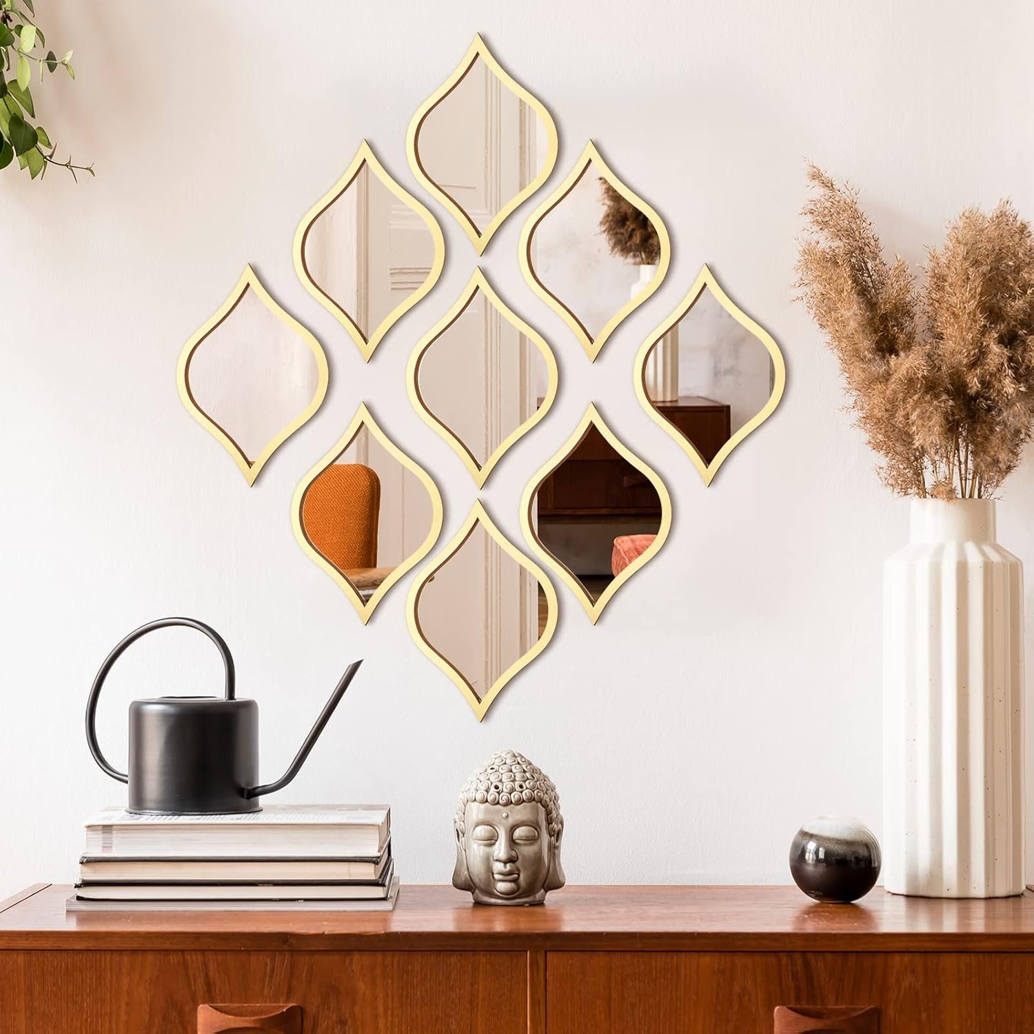 Tanlade 9 Pcs Wall Mirrors Decorative Teardrop Gold Mirror Decor Acrylic Wall Mounted Decorations Art Boho Vintage Farmhouse Gifts for Living Room Bedroom Bathroom Vanity Entryway 9.8 x 6.7 Inch